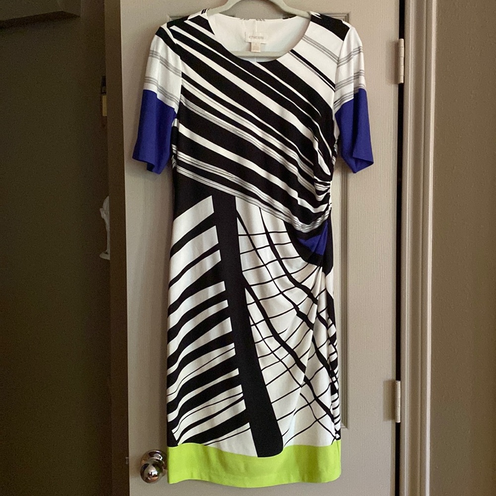 Chico’s Size 1 Geometric Design Dress- gathered waist- fully lined NWT